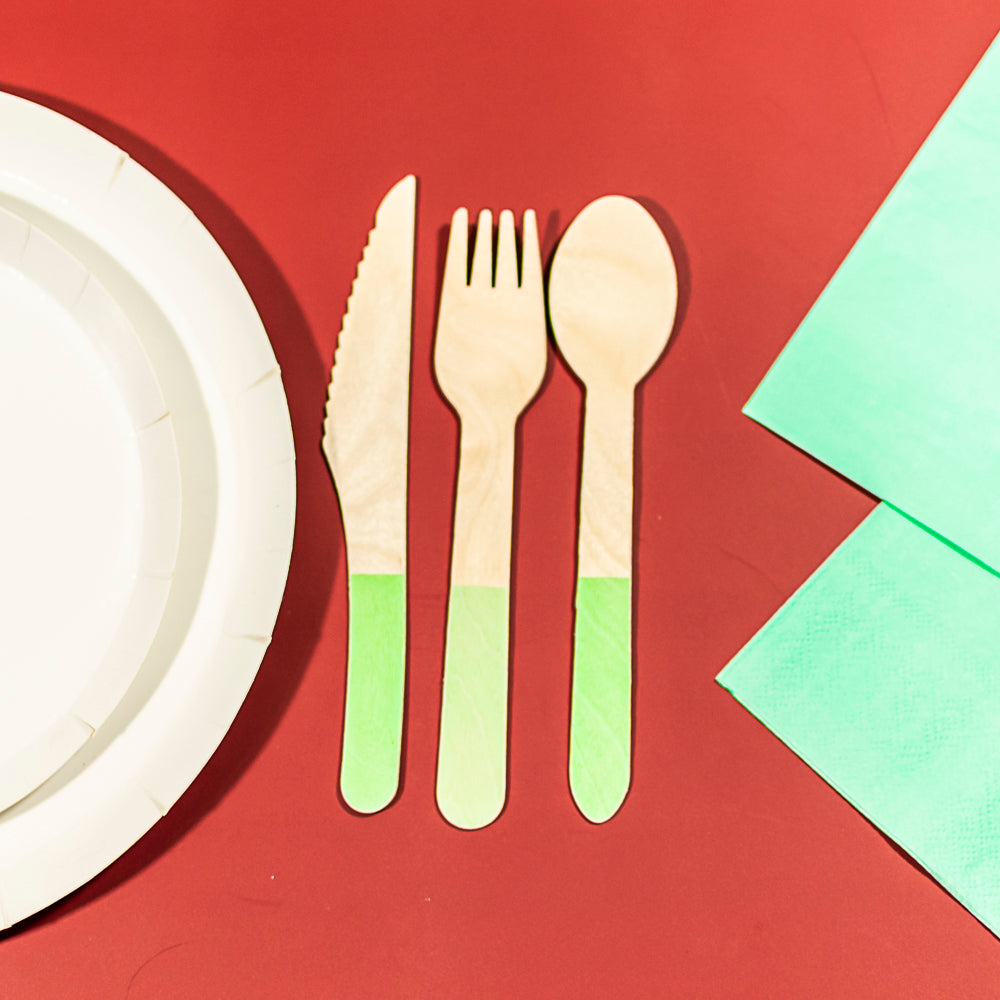 Wooden Cutlery Set - Mint Green 30Pk