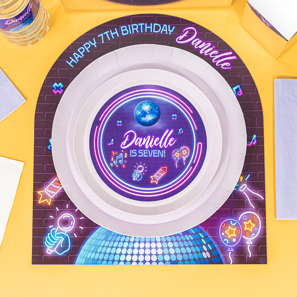 Personalised Neon Disco Plate Topper - 2 pack