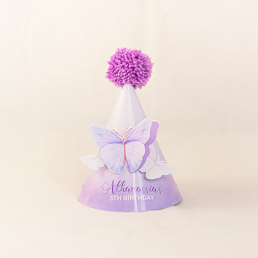 Personalised Butterfly Lilac Party Hat with Amethyst Pompoms