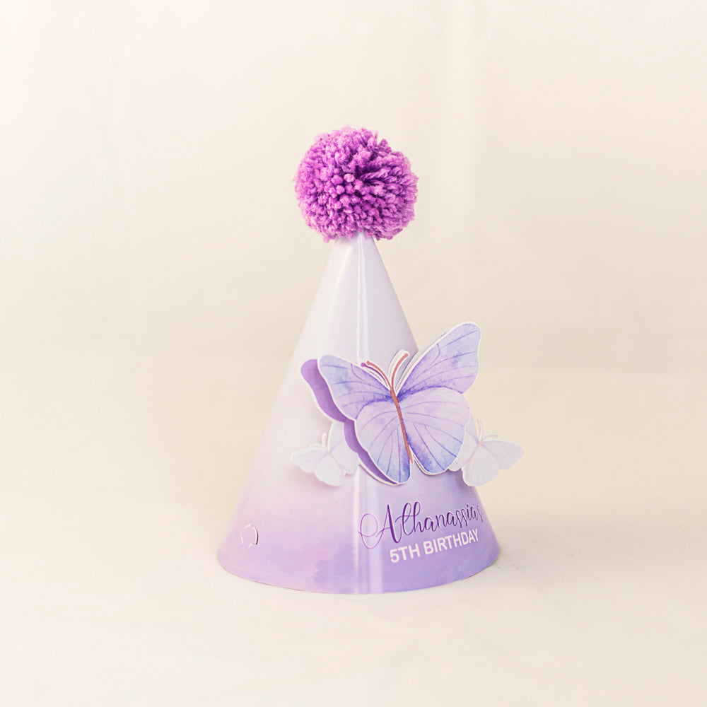 Personalised Butterfly Lilac Party Hat with Amethyst Pompoms