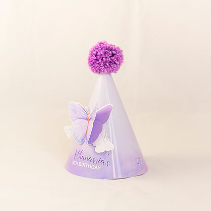 Personalised Butterfly Lilac Party Hat with Amethyst Pompoms