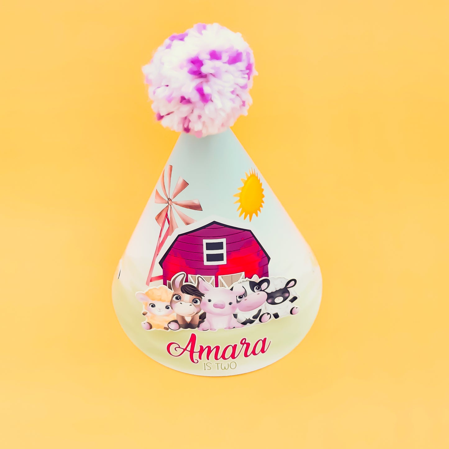 Personalised Pink Barnyard Party Hat with Pretty Pompoms