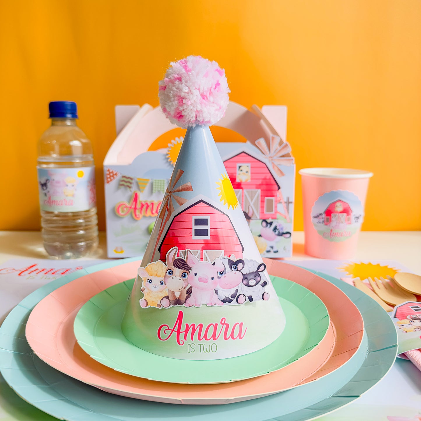 Personalised Pink Barnyard Party Hat with Pretty Pompoms