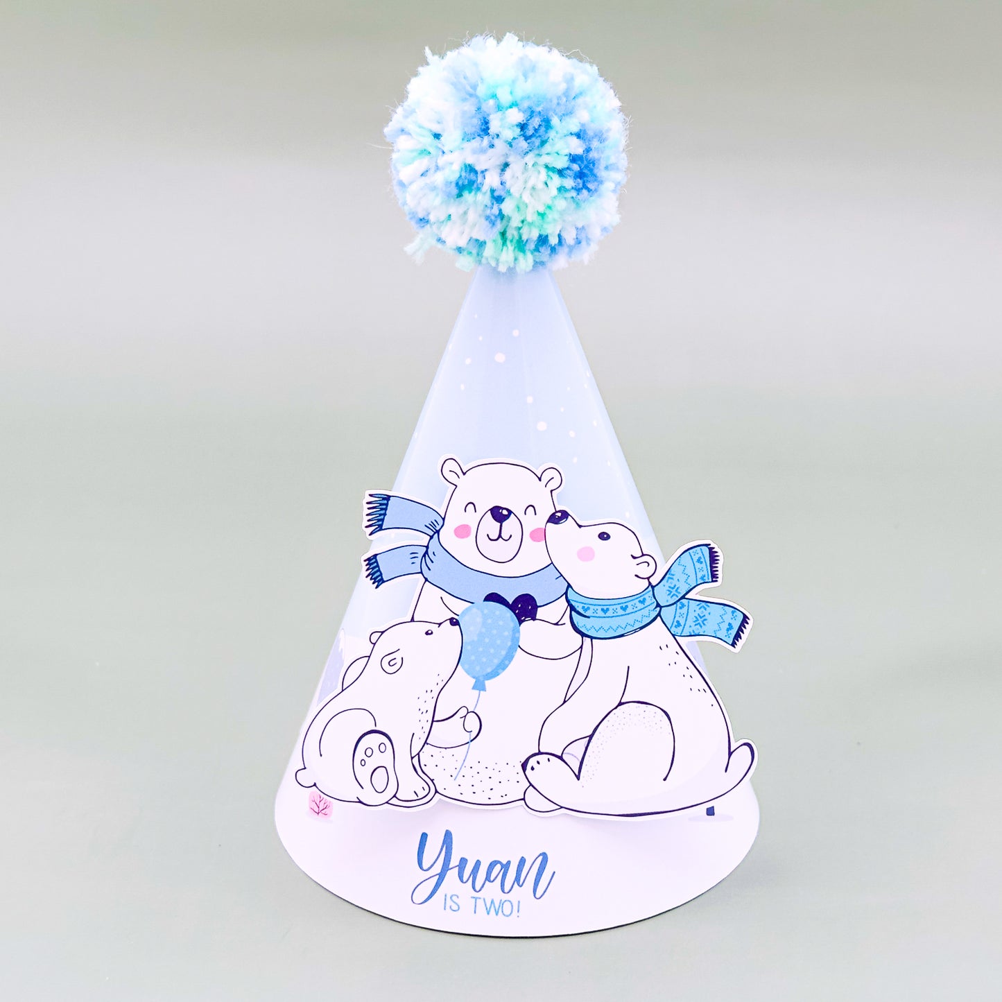 Personalised Polar Bear Party Hat with Pretty Pompoms