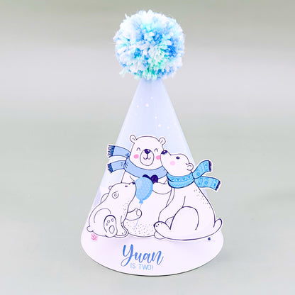 Personalised Polar Bear Party Hat with Pretty Pompoms