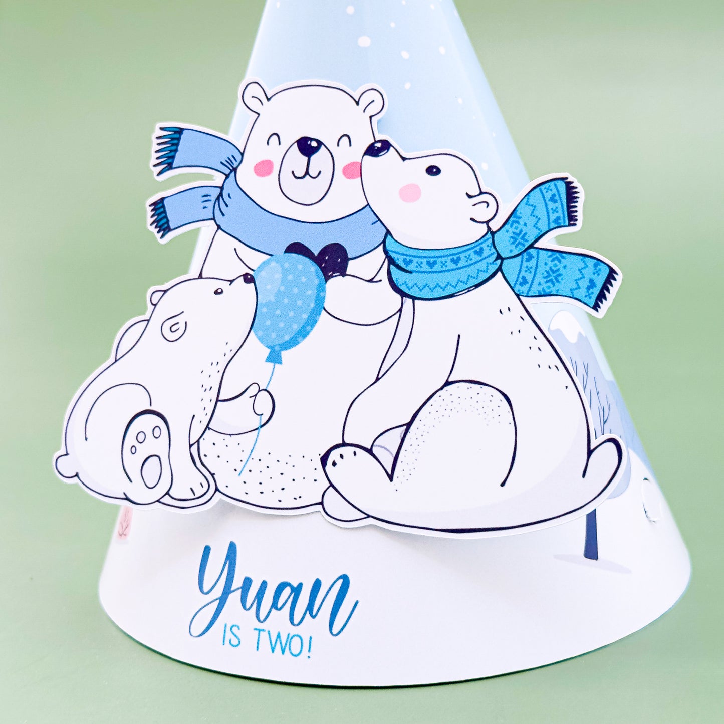 Personalised Polar Bear Party Hat with Pretty Pompoms