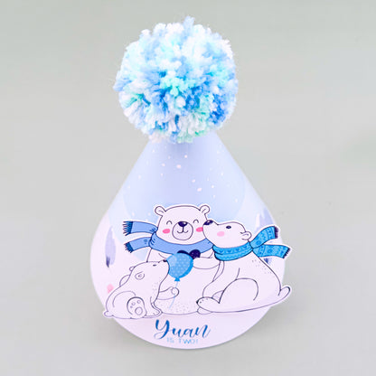 Personalised Polar Bear Party Hat with Pretty Pompoms