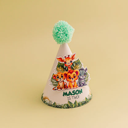 Personalised Jungle Safari Party Hat with Mint Green Pompoms